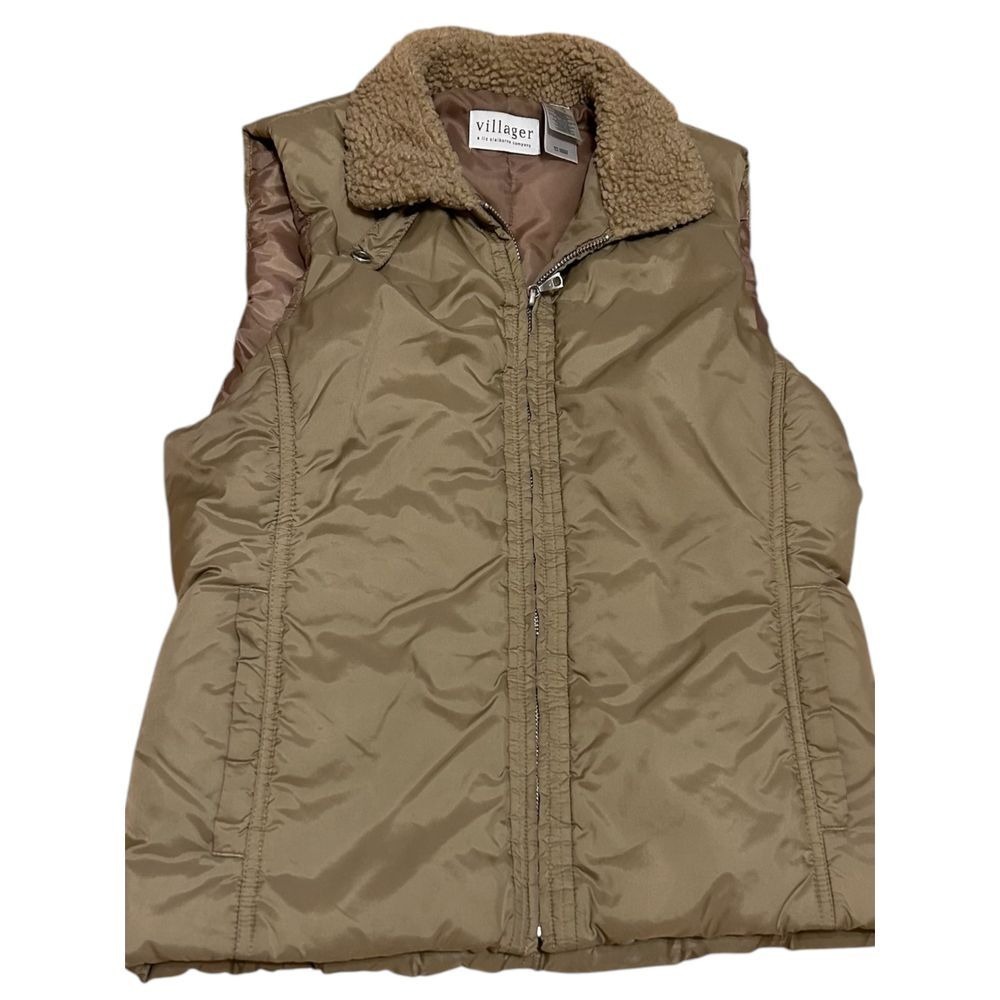 Liz Claiborne Small puffer vest shearling collar tan beige pockets gorpcore hike